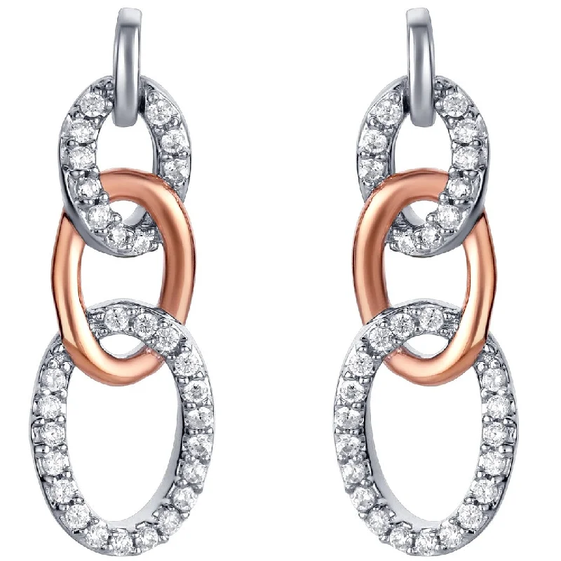 Two-Tone Sterling Silver Cubic Zirconia 3-Links Drop Earrings