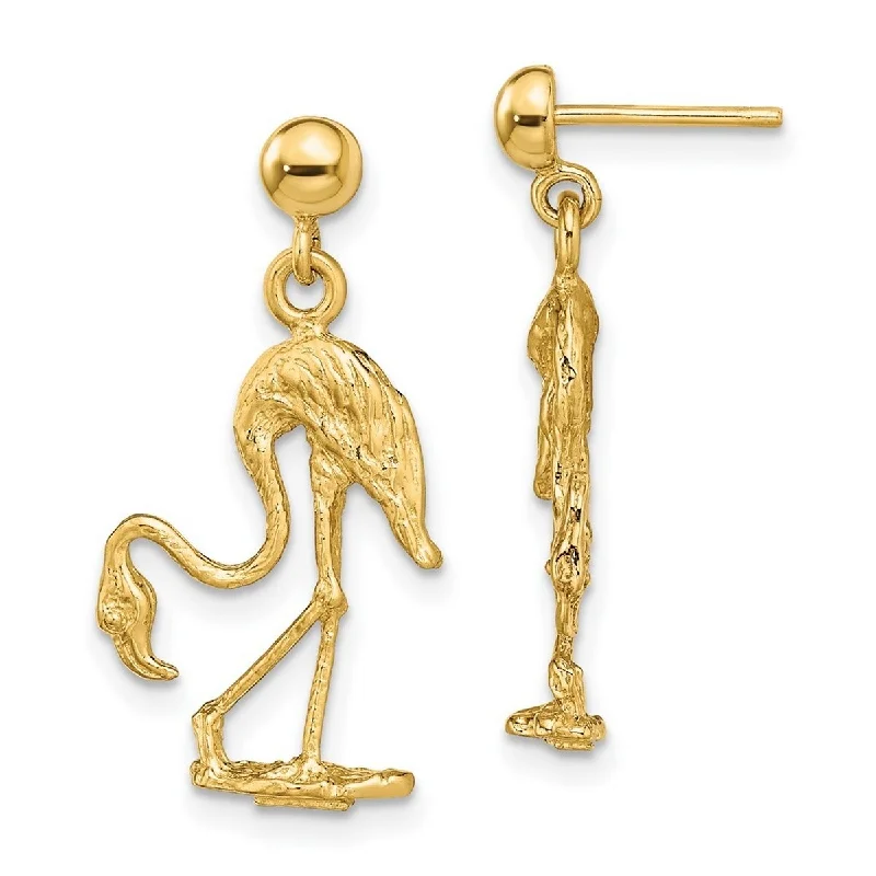 Curata 14k Yellow Gold 3 d Flamingo Long Drop Dangle Earrings - 25.25x12.7mm