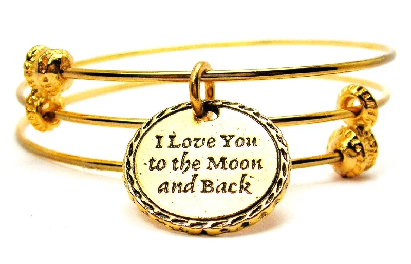 Gold Detailed Trim I Love You To The Moon And Back Triple Style Expandable Bangle Bracelet