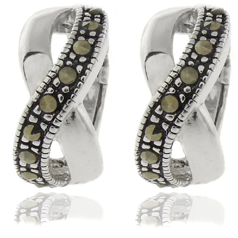 Dolce Giavonna Silverplated Marcasite Infinity Design Hoop Earrings