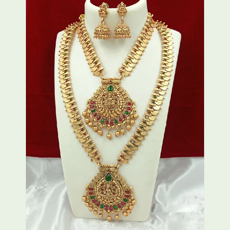 Joyful Jewel Art Matte Gold Plated Pota Stone Temple Long Necklace Combo