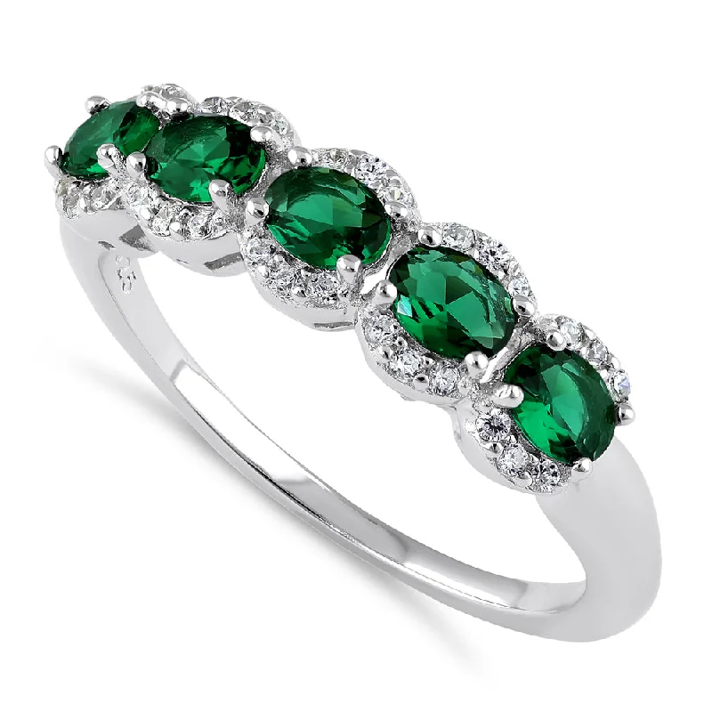 Sterling Silver Elegant Quintuple Oval Green CZ Ring