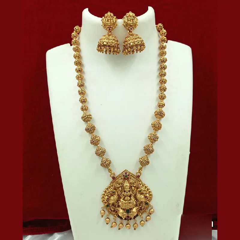 FS Collection Gold Plated Pota Stone And Pearl Temple Long Necklace Set