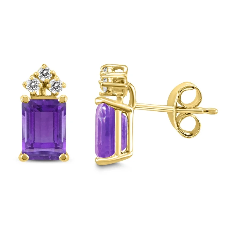 Marquee 14K Yellow Gold 7x5MM Emerald Shaped Amethyst and Diamond Earrings