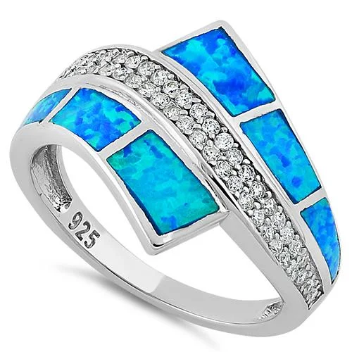 Sterling Silver Elegant Blue Lab Opal & Clear CZ Ring