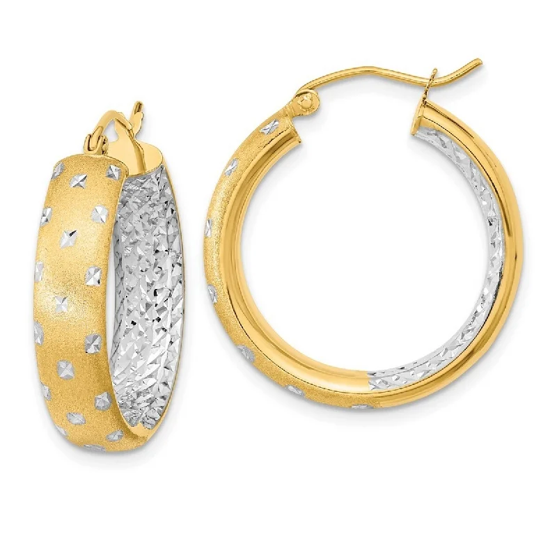 Curata 14k Yellow Gold with Rhodium Satin and Diamond Cut In Out Hoop Earrings 26x5.75mm