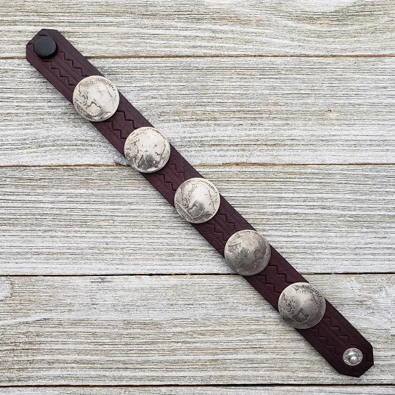 Reddish Brown Leather Taos American Indian Buffalo Nickel Bracelet