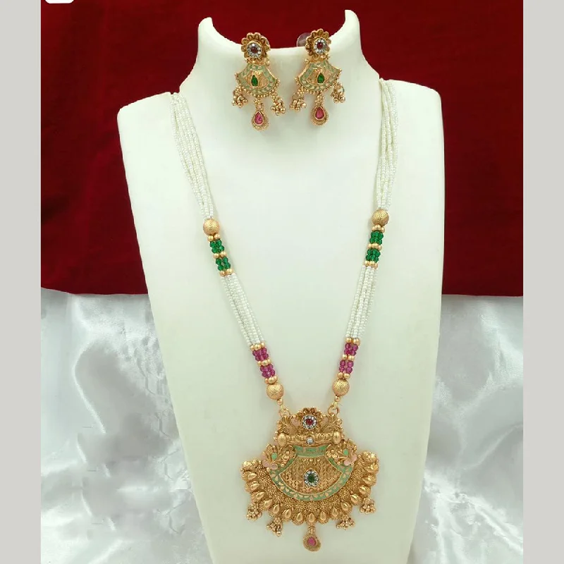 FS Collection Gold Plated Pota Stone And Pearl Meenakari Long Necklace Set