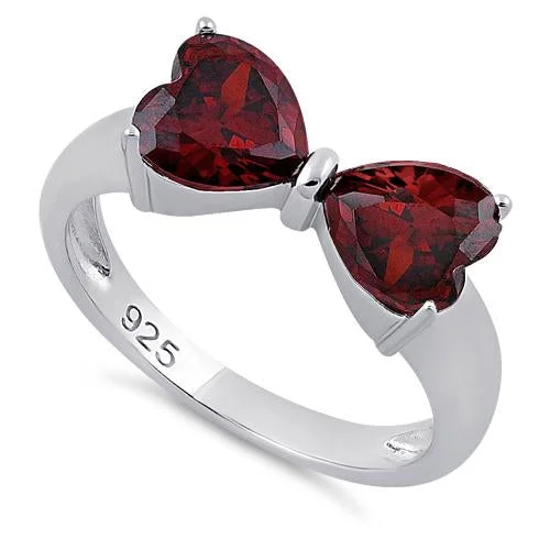 Sterling Silver Bow Heart Cut Garnet CZ Ring