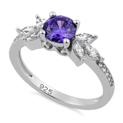 Sterling Silver Flower Leaves Dark Violet CZ Ring