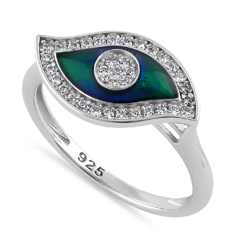 Sterling Silver Hand-Painted  Multi-Colored Evil Eye with Clear CZ Ring