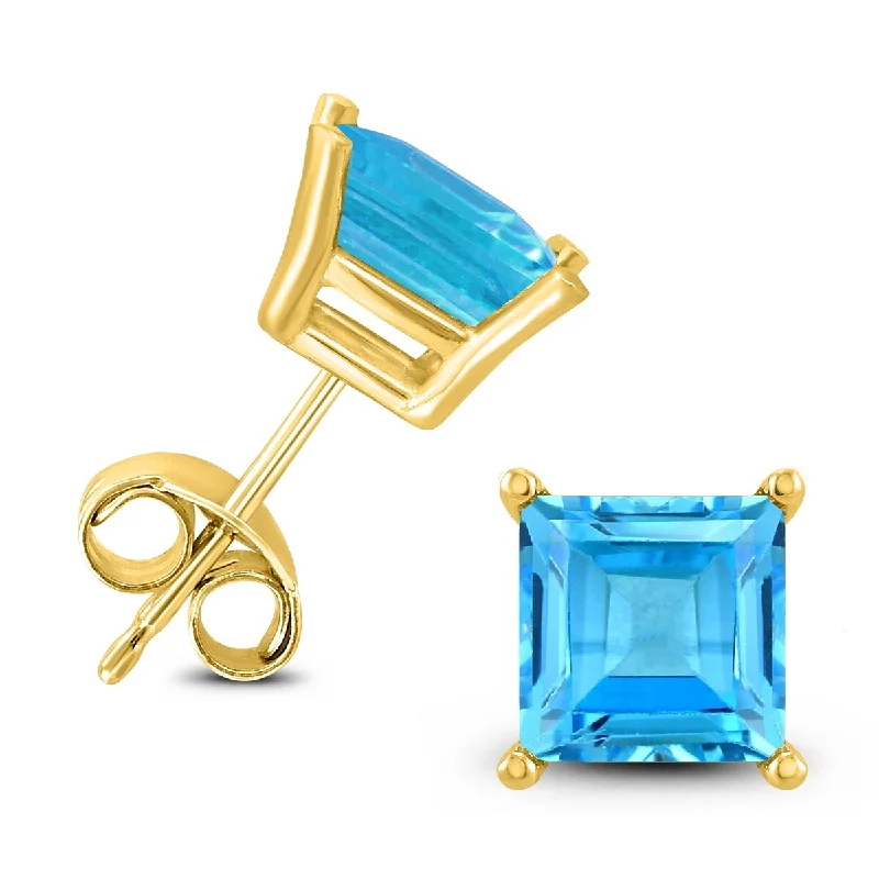 Marquee 14K Yellow Gold 5MM Square Blue Topaz Earrings