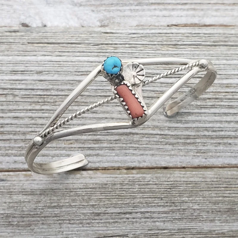 Esther White Sterling Silver Turquoise & Coral Navajo Cuff Bracelet