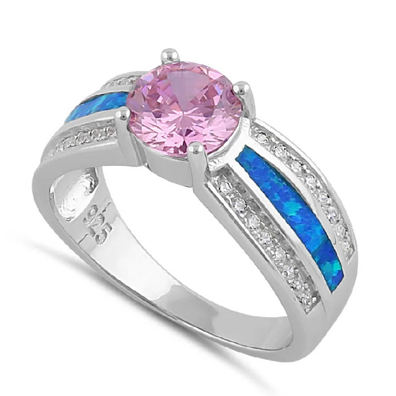 Sterling Silver Lab Opal Round Pink CZ Ring