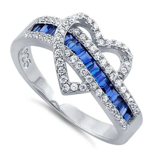 Sterling Silver Heart Blue Sapphire CZ Ring