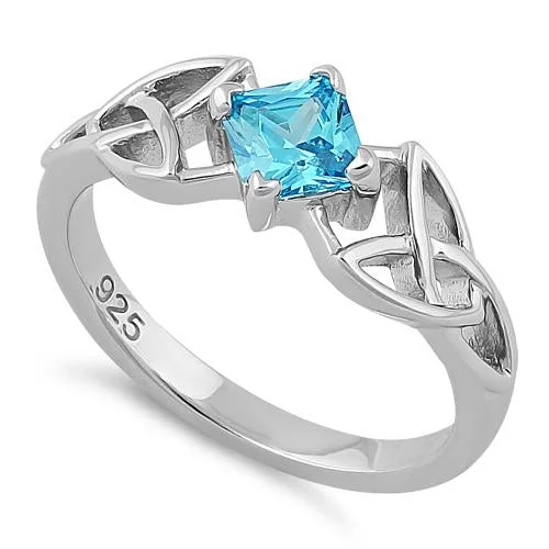 Sterling Silver Celtic Princess Cut Aqua Blue CZ Ring