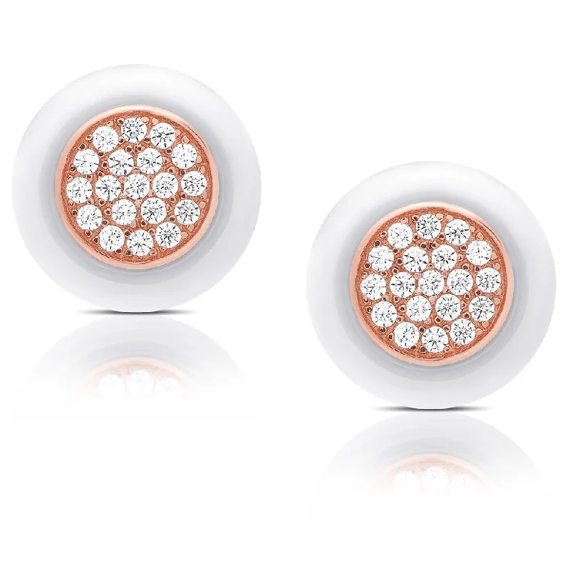 Samantha Stone Sterling Silver Cubic Zirconia Ceramic Round Stud Earrings