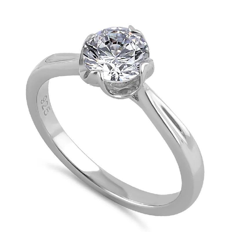 Sterling Silver 6.5mm Clear CZ Six Crossed Prong Setting Ring