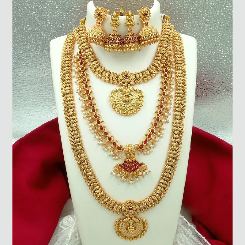 Joyful Jewel Art Matte Gold Plated Pota Stone Long Temple Necklace Combo