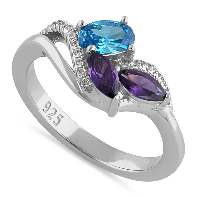 Sterling Silver Blue Topaz Oval Amethyst Marquise CZ Ring