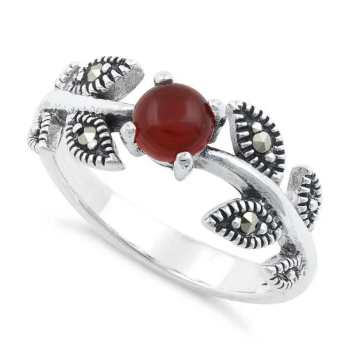 Sterling Silver Round Red Agate Leaves Marcasite Ring