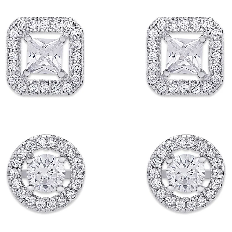 Samantha Stone Cubic Zirconia Square and Circle Halo Design Stud Earrings Set