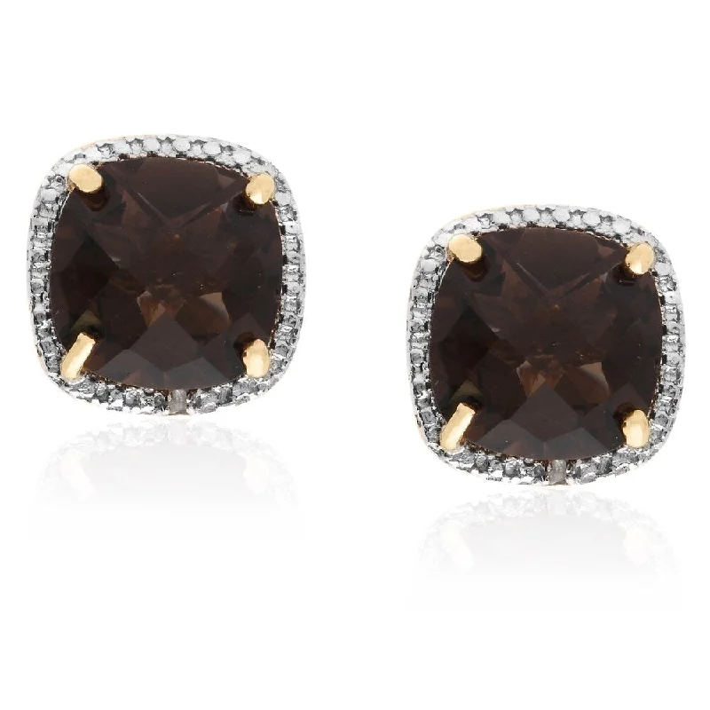 Dolce Giavonna Gold over Sterling Silver Smokey Quartz and Diamond Accent Stud Earrings