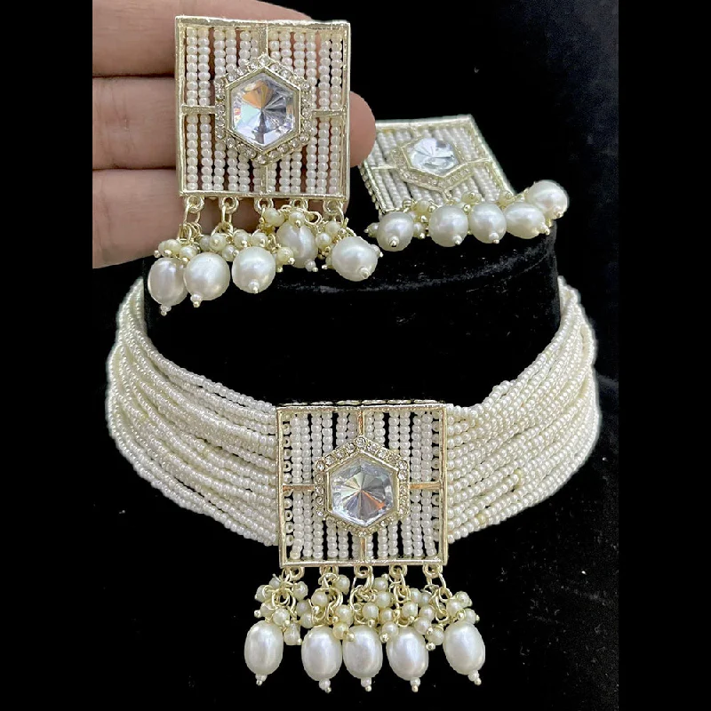 FS Collection Gold Plated Austrian Stone And Pearls Choker Necklace Set