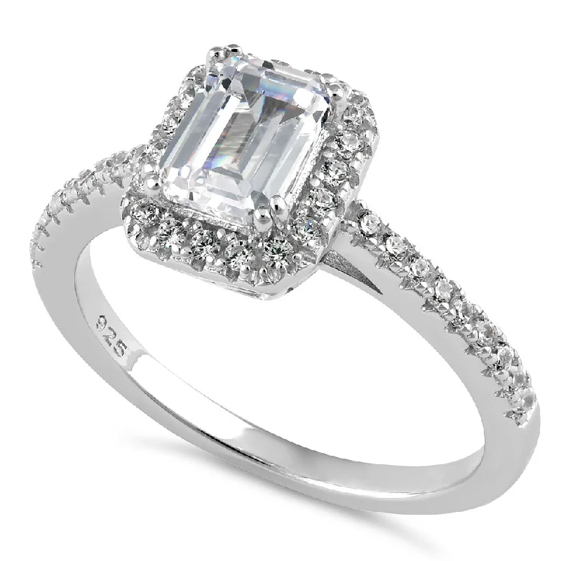 Sterling Silver Emerald-Cut Halo CZ Engagement Ring