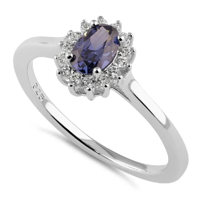 Sterling Silver Oval Blue Tanzanite Halo CZ Engagement Ring