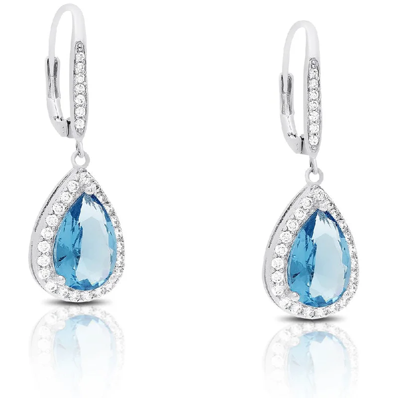 Dolce Giavonna Silver Overlay Cubic Zirconia and Simulated Blue Topaz Teardrop Dangle Earrings