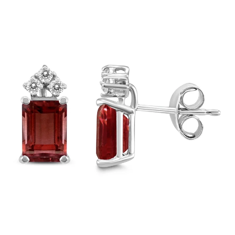 Marquee 14K White Gold 7x5MM Emerald Shaped Garnet and Diamond Earrings