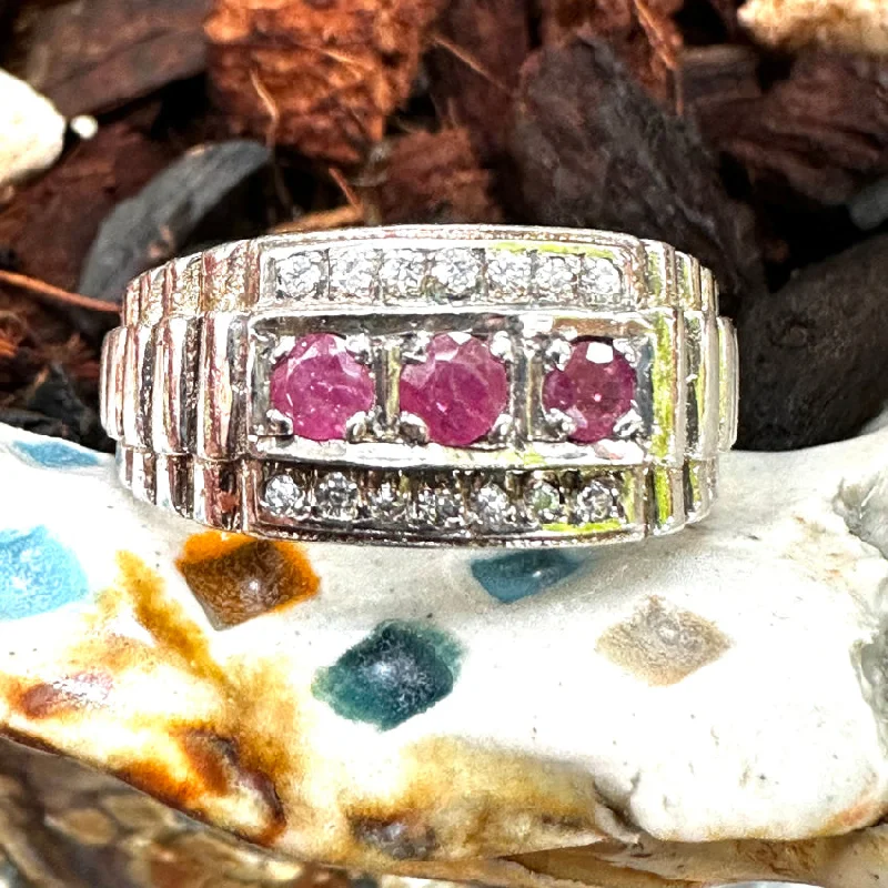 Vintage Mid-Century Sterling Silver Ruby & Diamond Ring 10 1/8