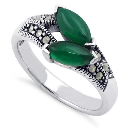 Sterling Silver Double Green Agate Seed Marcasite Ring