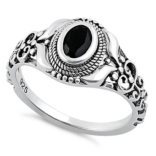 Sterling Silver Austere Oval Cut Black CZ Ring