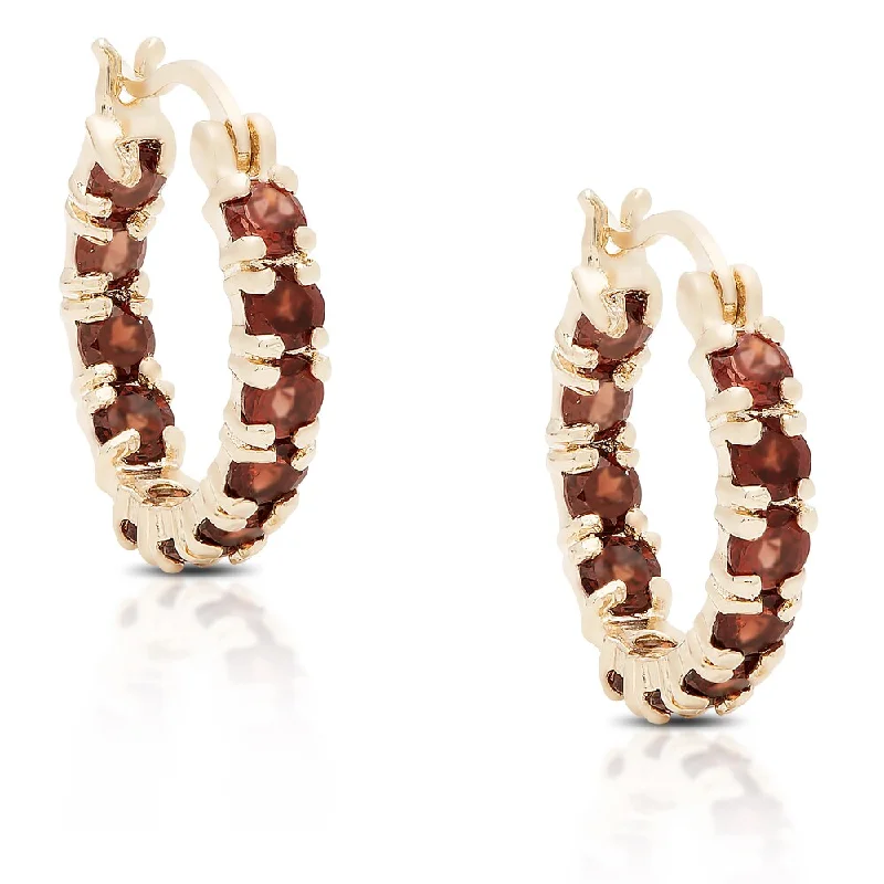 Dolce Giavonna Gold over Silver or Sterling Silver Garnet Hoop Earrings