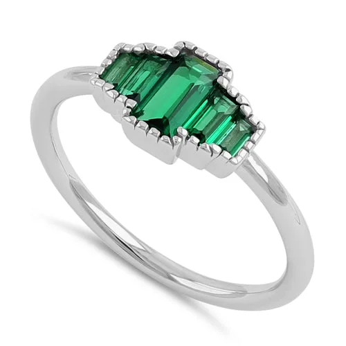 Sterling Silver Five Baguette Cut Green CZ Ring