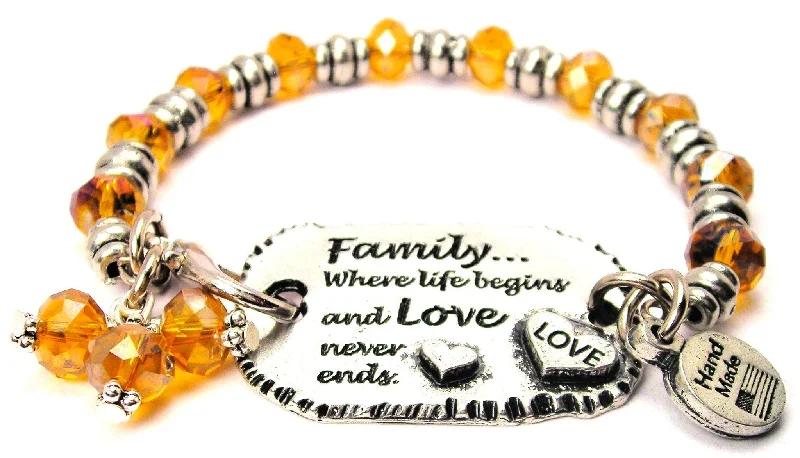 Family Where Life Begins And Love Never Ends Expression Armor Pewter Crystal Bracelet