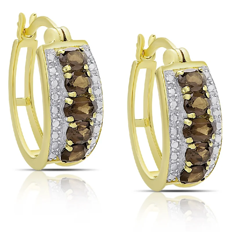 Dolce Giavonna Gold over Sterling Silver Smokey Quartz Hoop Earrings - Brown