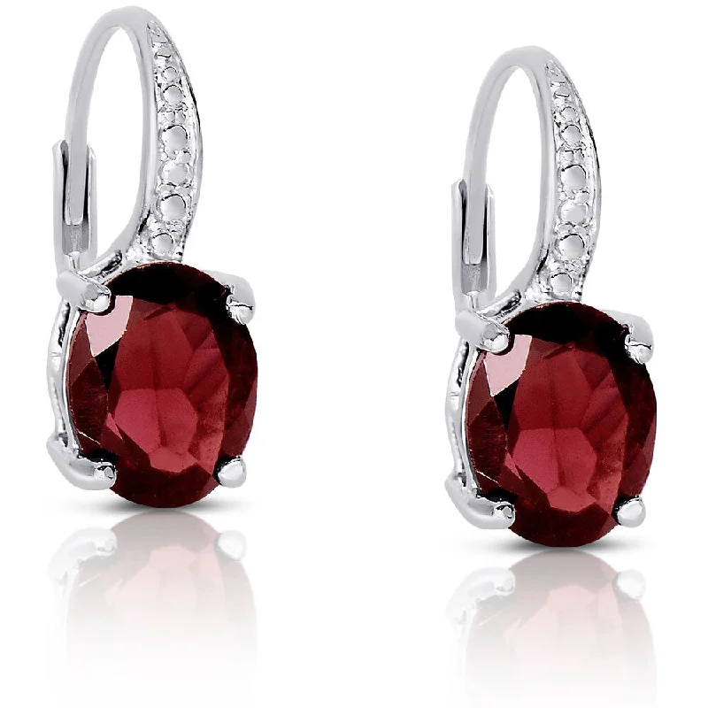 Dolce Giavonna Sterling Silver Garnet and Diamond Accent Oval Dangle Earrings