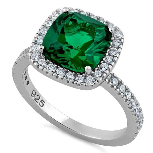 Sterling Silver Cushion-Cut Green CZ Ring