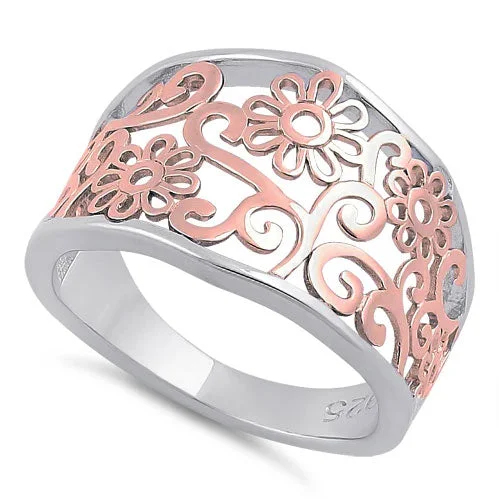 Sterling Silver Two Tone Rose Gold Plated Plumeria Flower Ring