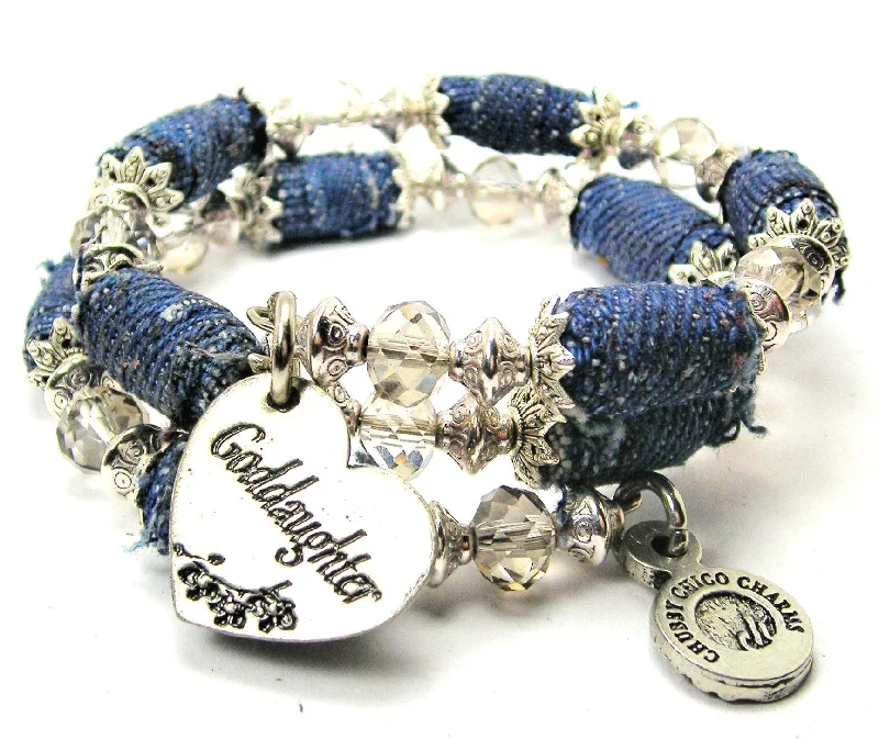 Goddaughter Heart Blue Jean Beaded Wrap Bracelet