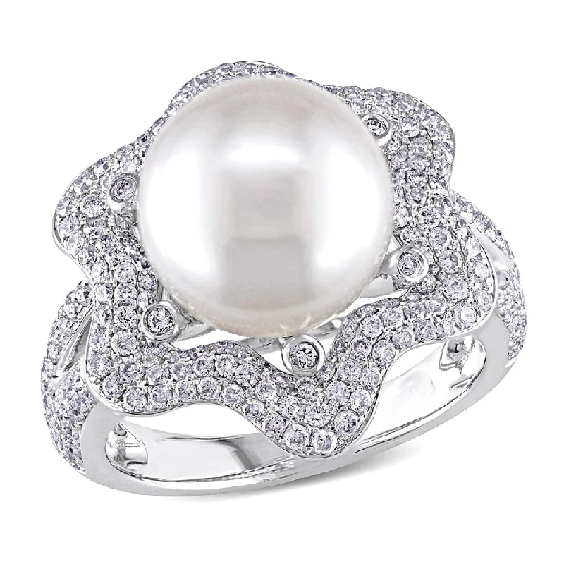 Miadora 14k White Gold South Sea Pearl and 1ct TDW Diamond Ring (10-10.5 MM)