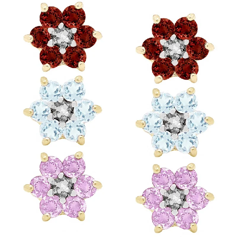 Dolce Giavonna Gold Over Sterling Silver Multi Gemstone Diamond Accent Flower Stud Earrings Set