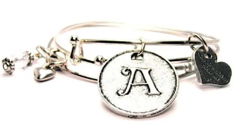 Initial A Circle Expandable Bangle Bracelet Set