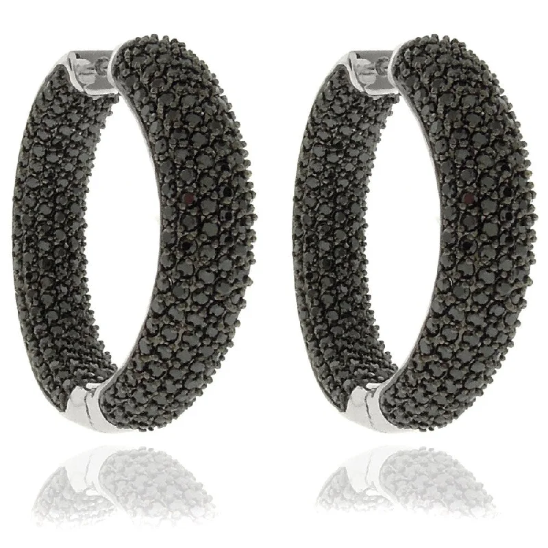 Dolce Giavonna Silverplated Black Cubic Zirconia Hoop Earrings