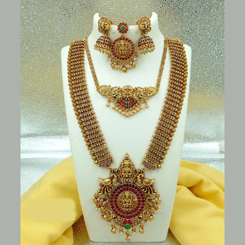 Joyful Jewel Art Matte Gold Plated Pota Stone Temple Long Necklace Combo