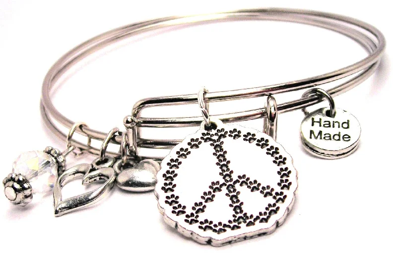 Paw Print Peace Symbol Expandable Bangle Bracelet Set