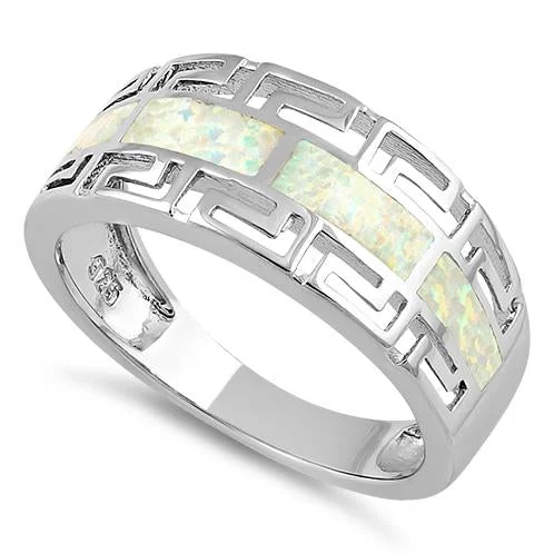 Sterling Silver Greek Pattern White Lab Opal Ring